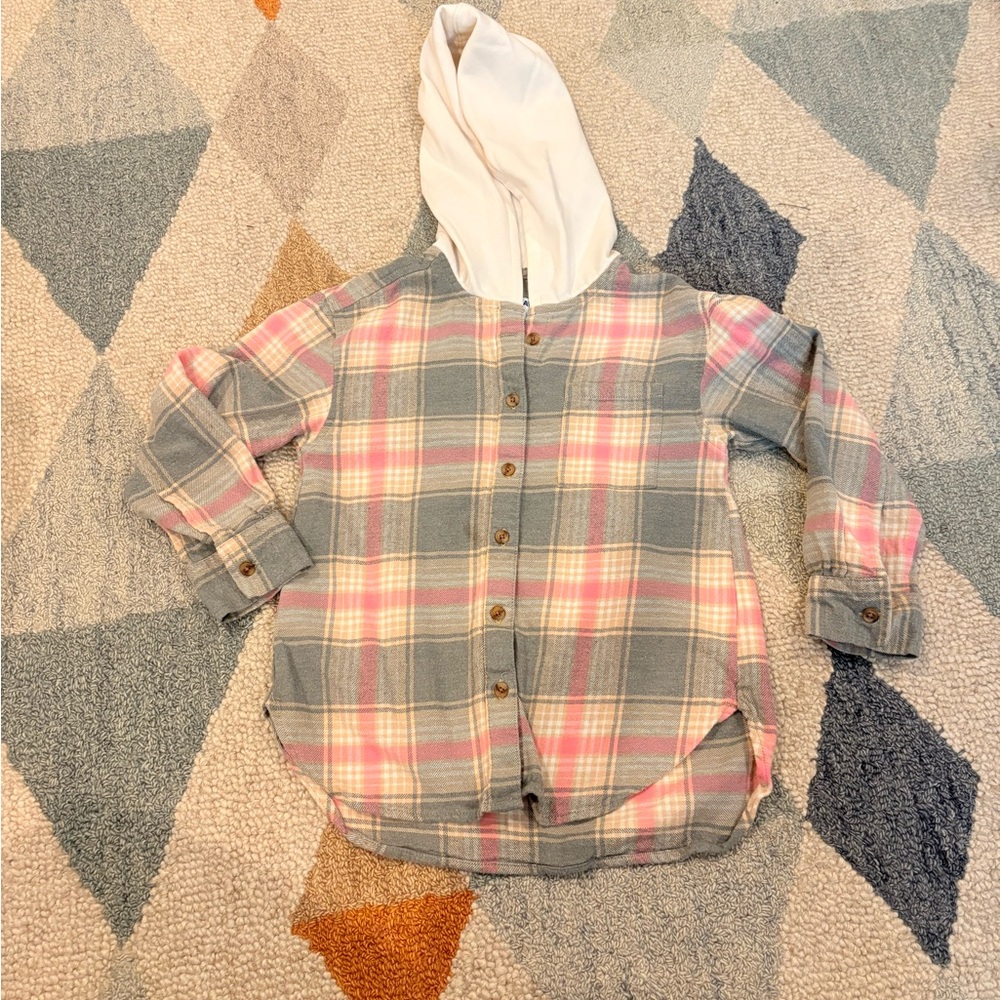 Old Navy Gray and Pink Plaid Kids Button-Down Shirt with Hood